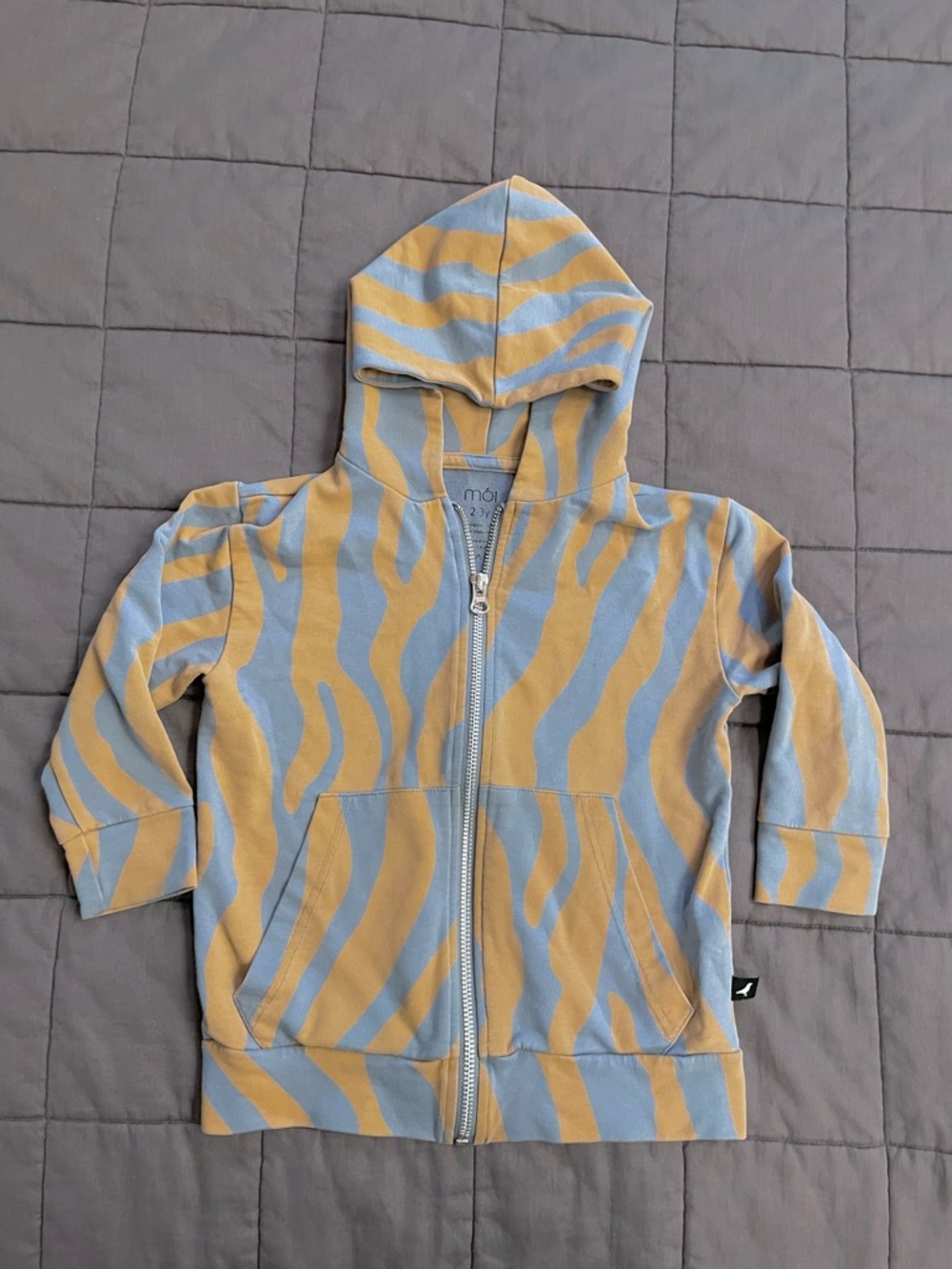 Moi Kids Zip Hoodie in Blue and Soft Orange Zebra Stripe